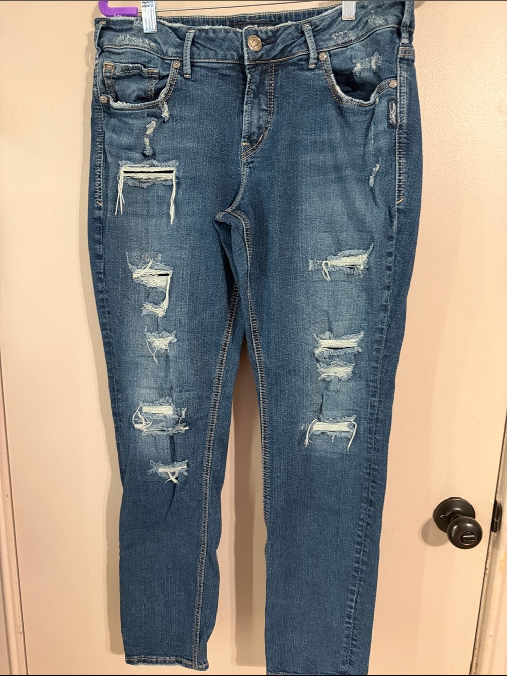 Silver Jeans Distressed Dark Blue Skinny Jeans